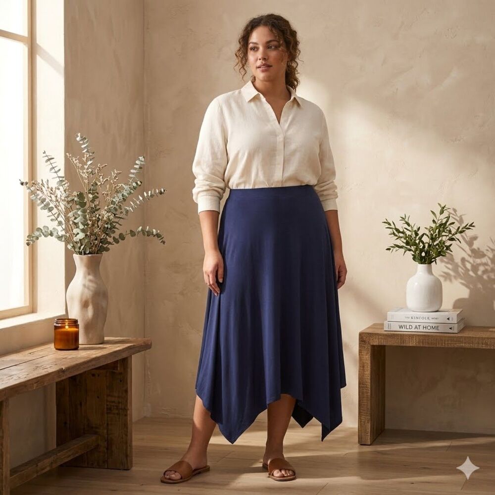 Chicos Blue Sharkbite Midi Skirt Womens 16/18 Plus 3 Stretch Pull On Elastic